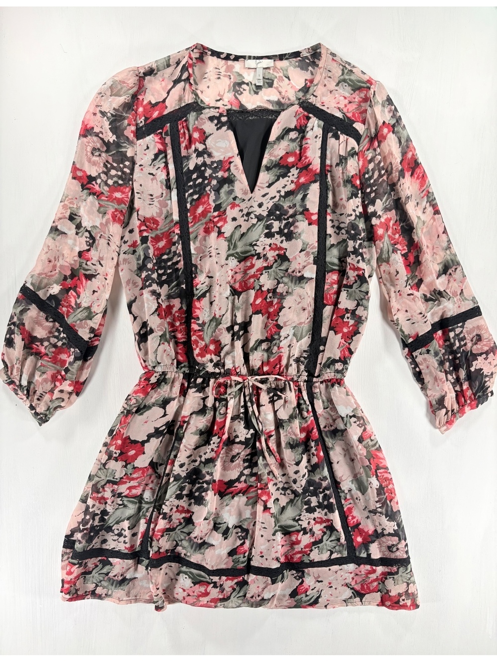 Joie Boho Cottagecore Romantic Floral Silk Lace Trim Drawstring Mini Dress